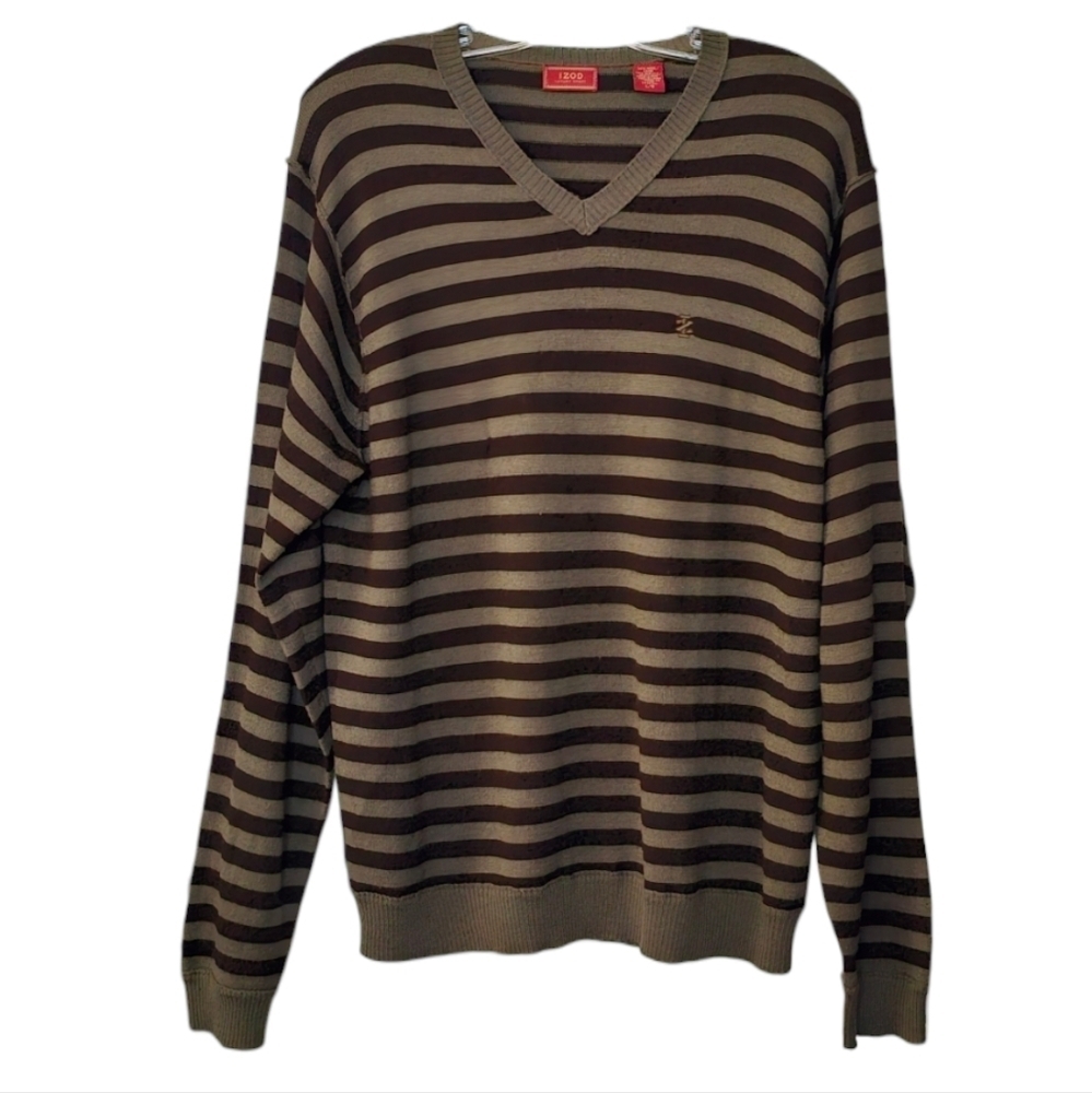 Izod Wool Blend Olive Green and Brown Striped V-neck Sweater with repair men's L